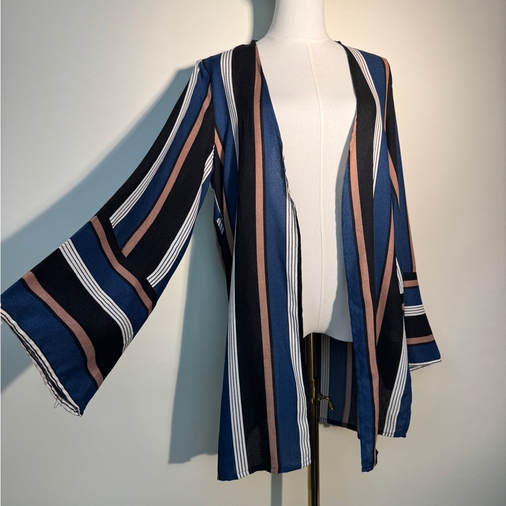 Missguided Blue Striped Open Front Kimono Top Cover-up
